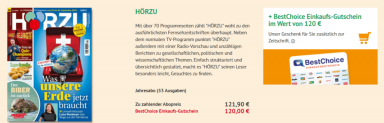 Jahresabo (53 Ausgaben) “Hörzu” für 121,90 € + 120 € Best Choice Gutschein als Prämie
