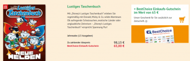 Jahresabo (13 Ausgaben) “Lustiges Taschenbuch” für 98,15€ + 65€ BestChoice Gutschein als Prämie