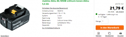 Makita BL1850B Lithium-Ionen-Akku 5,0Ah für 25,75€ (statt 57€) – ab 4 Akkus vsk frei