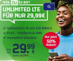 monatlich kündbare o2 Unlimited Flatrate mit 225 Mbit/s für 29,99€ mtl.