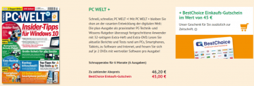 Schnupperabo für 6 Monate (6 Ausgaben) “PC Welt+” für 46,20€ +45€ BestChoice Gutschein als Prämie