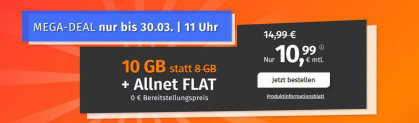 PremiumSIM: LTE XL Tarif – Allnet Flat mit 10 GB für 10,99€ monatlich (0€ Bereitstellungsgebühr) statt 14,99€