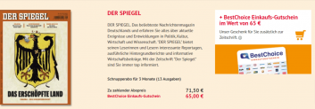 Schnupperabo für 3 Monate (13 Ausgaben) “Der Spiegel” für 71,50 € +65,00 € BestChoice Gutschein als Prämie
